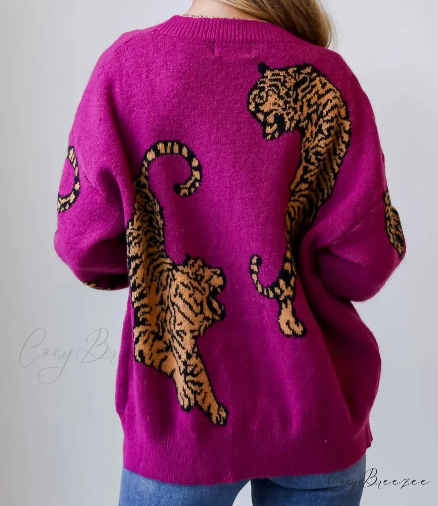 Tiger Print Button-Up Knit Cardigan cardigans-241228