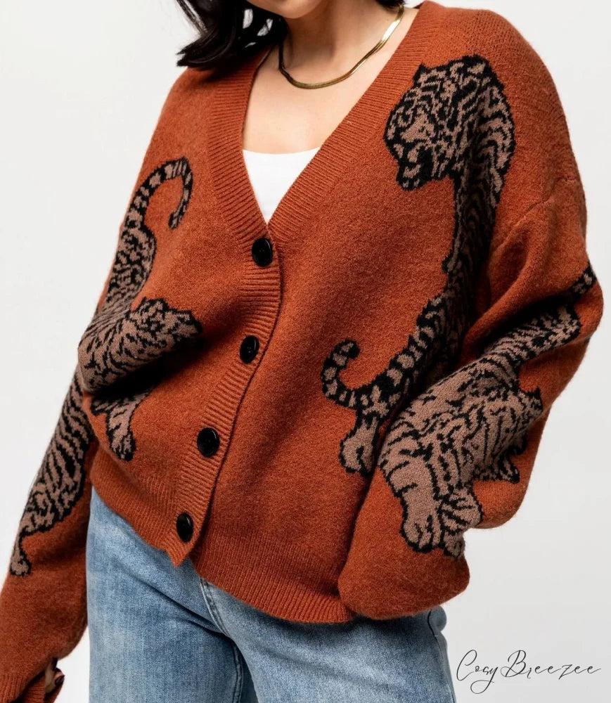 Tiger Print Button-Up Knit Cardigan cardigans-241228