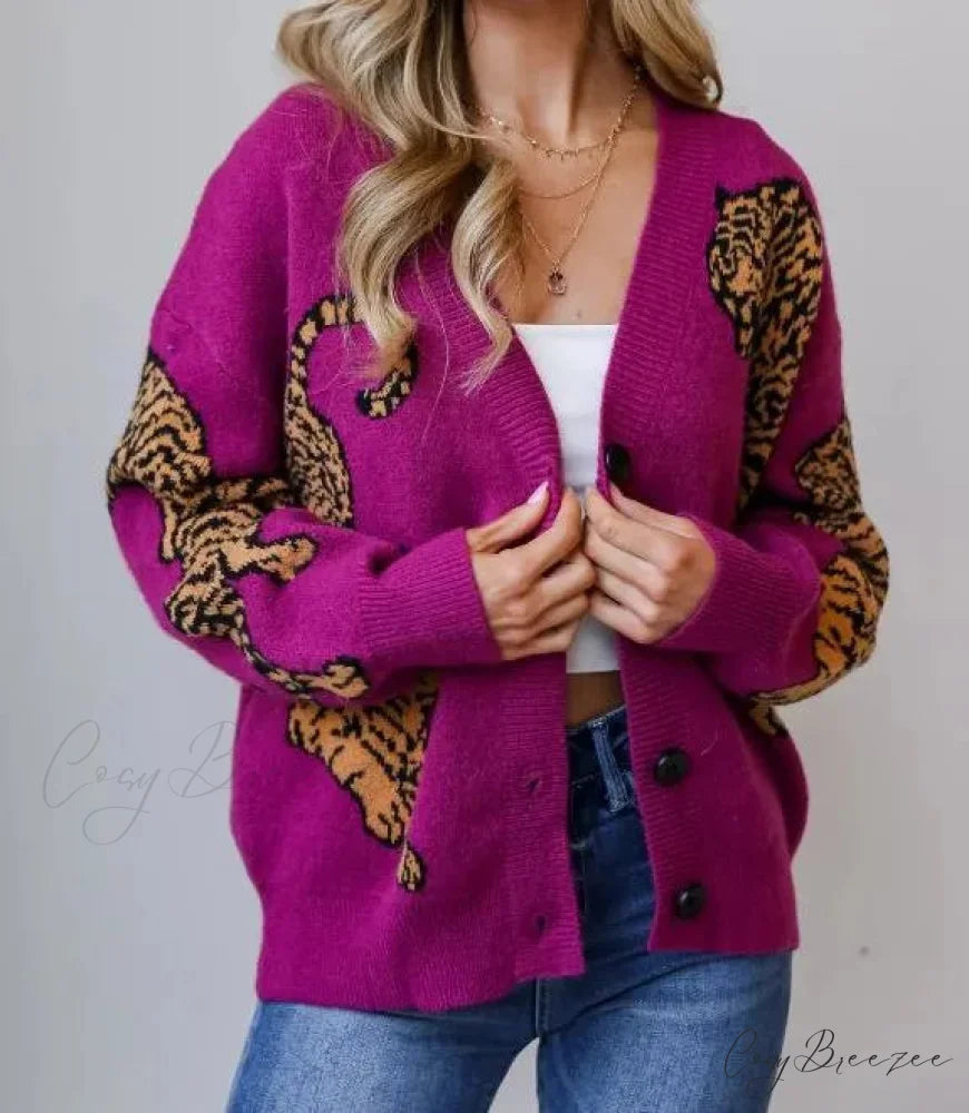 Tiger Print Button-Up Knit Cardigan Orange / S cardigans-241228