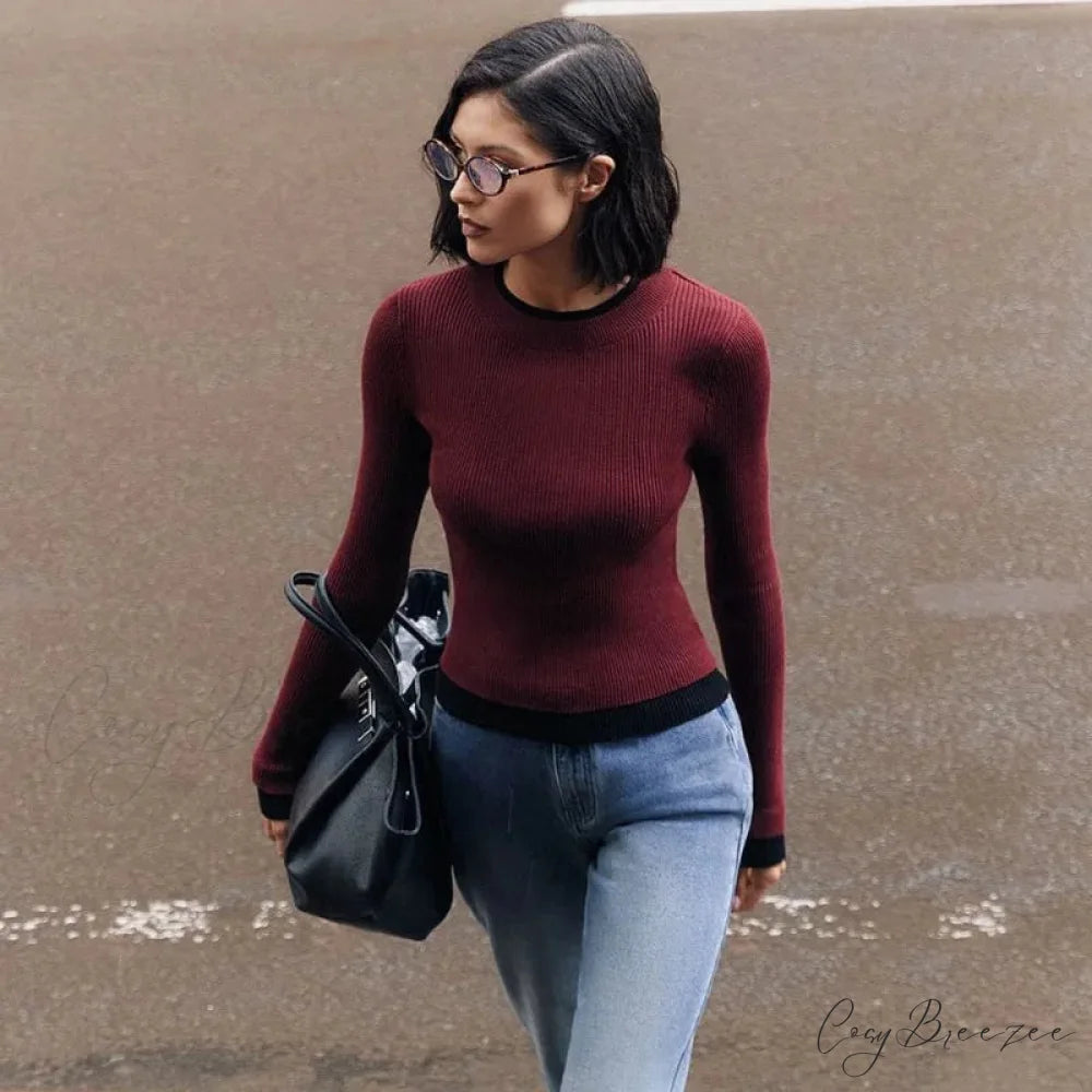 Tight Slim Long Sleeve O-neck Sweater swraters-241228