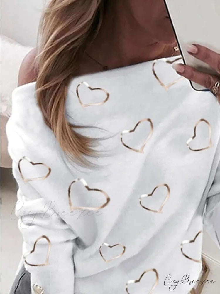 Top Beige Neck Street Pullover Spring Graphic Micro-elastic Sweatshirt White V Long & Arm Women’s Fall