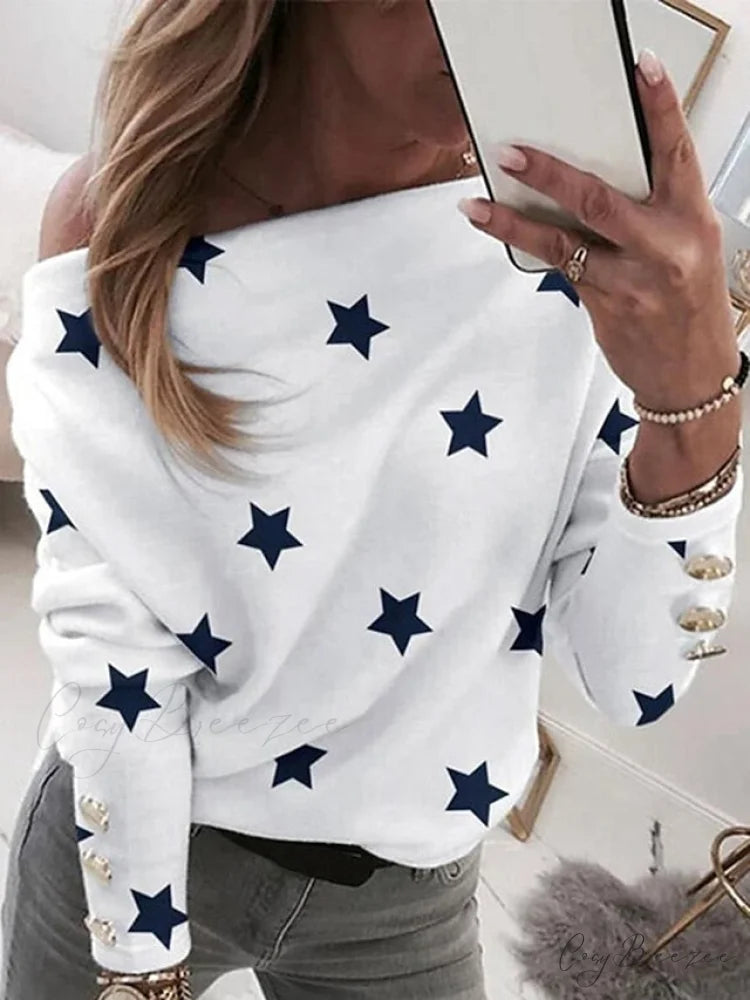 Top Beige Neck Street Pullover Spring Graphic Micro-elastic Sweatshirt White V Long & Arm Women’s Fall Beige / S