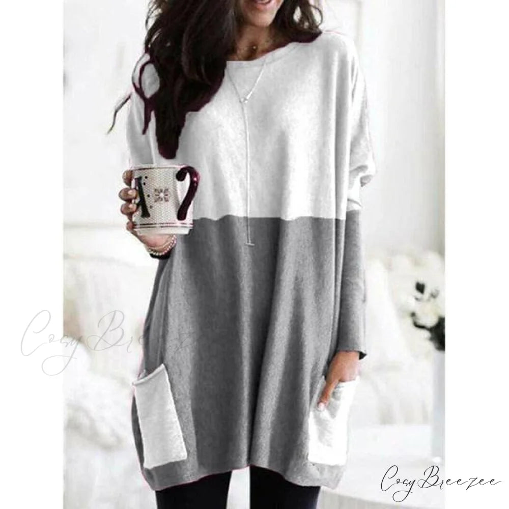 Top Long Arm T-Shirt Size Casual Women’s Plus Pocket Blouse Gray / S