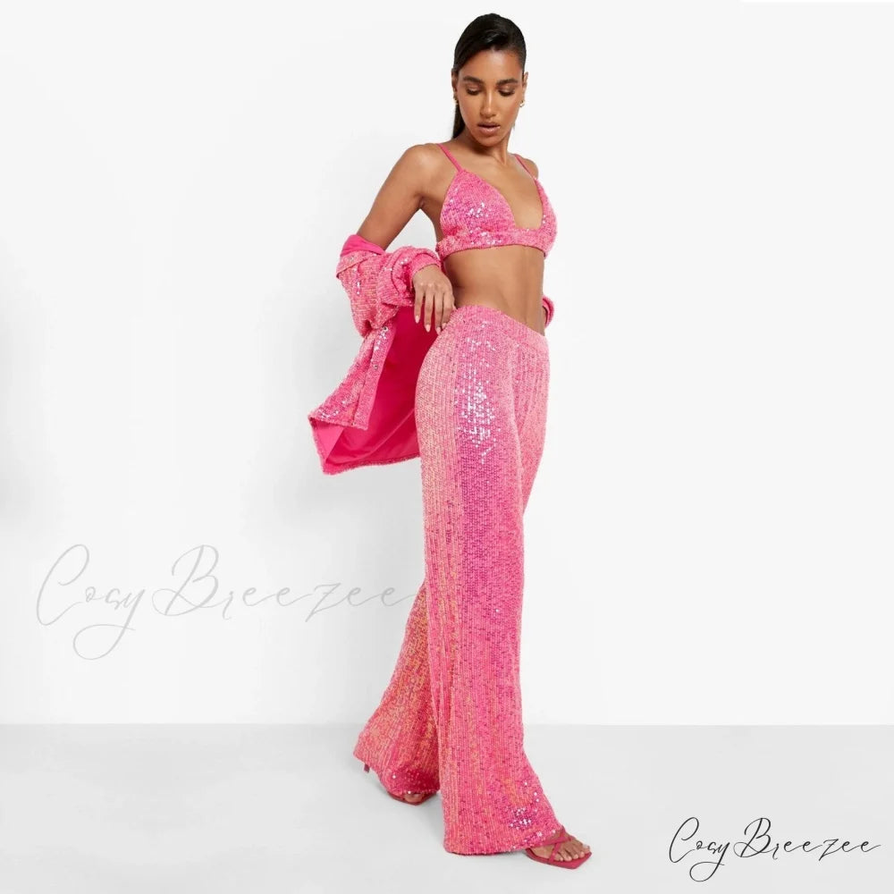 Top Sequin Blouse Sparkly and Pants Women Party Blouse Set Suit Two-Piece for - Outfit