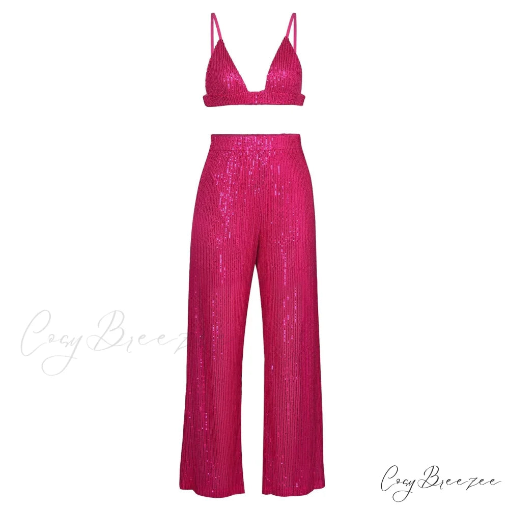 Top Sequin Blouse Sparkly and Pants Women Party Blouse Set Suit Two-Piece for - Outfit