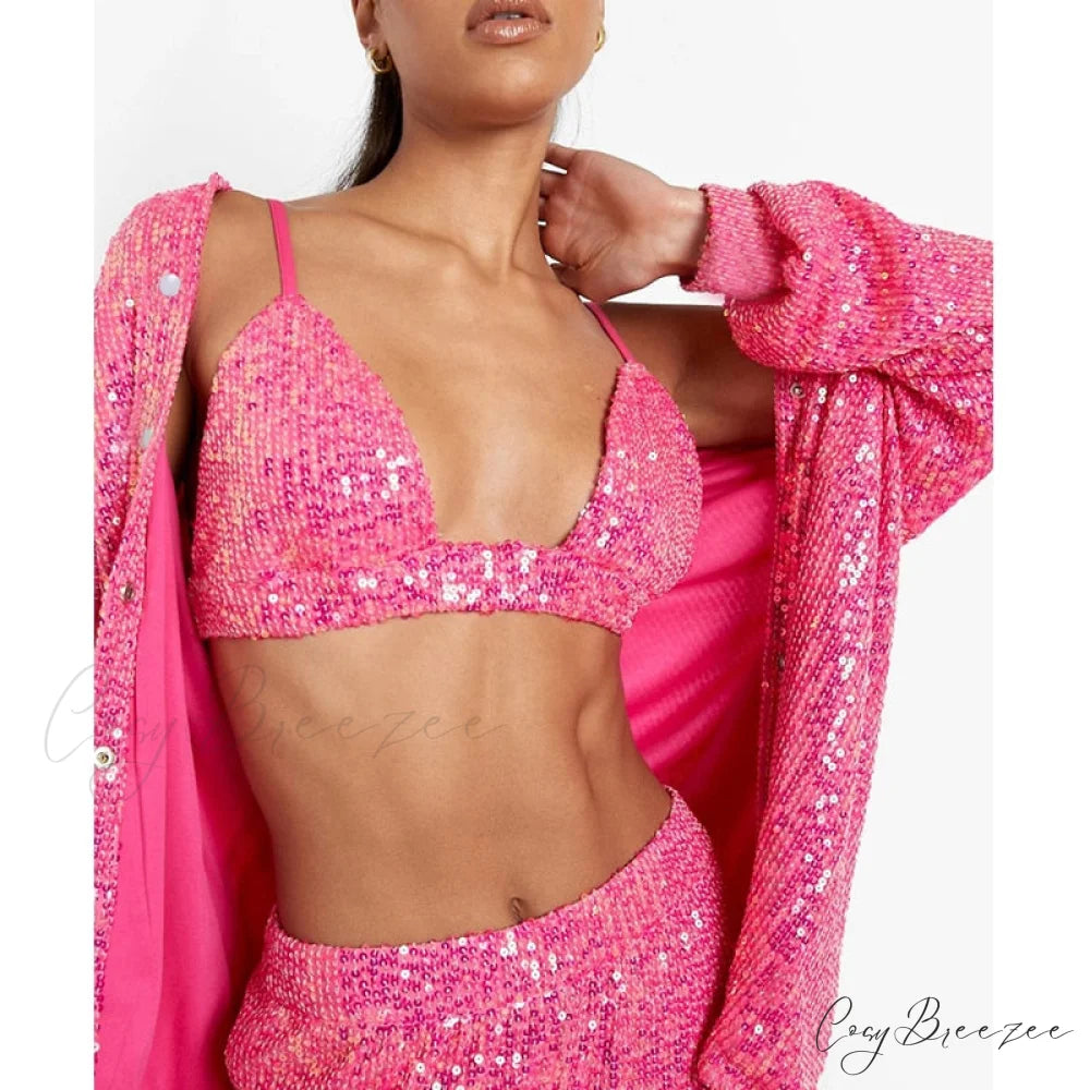 Top Sequin Blouse Sparkly and Pants Women Party Blouse Set Suit Two-Piece for - Outfit Barbie suit / S
