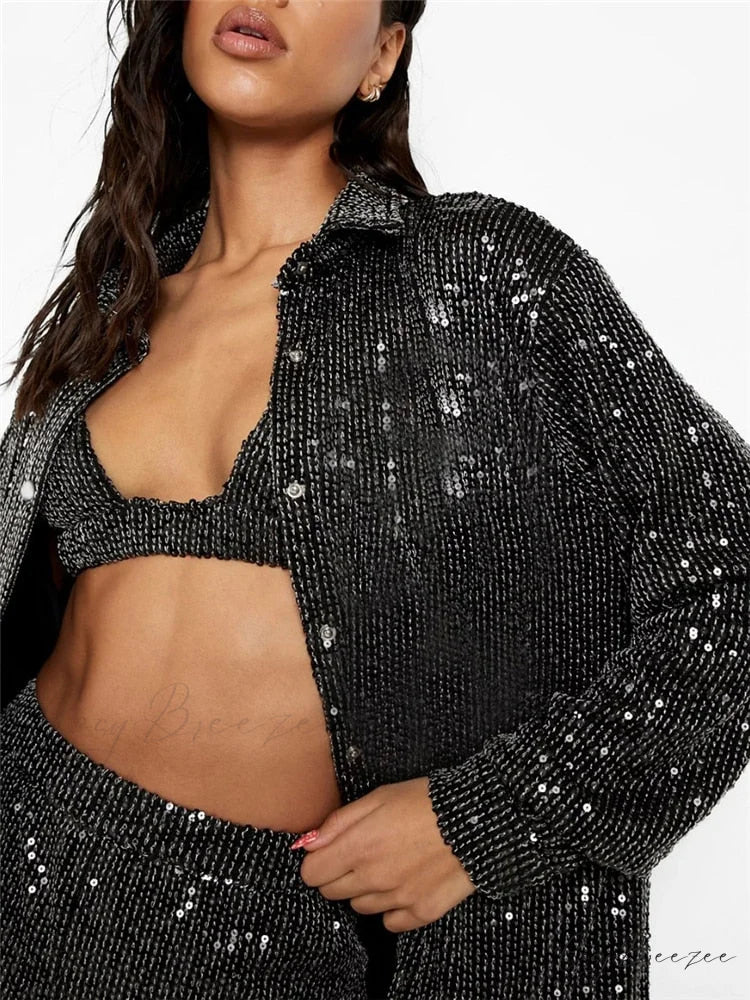 Top Sequin Blouse Sparkly and Pants Women Party Blouse Set Suit Two-Piece for - Outfit Black Suit / S