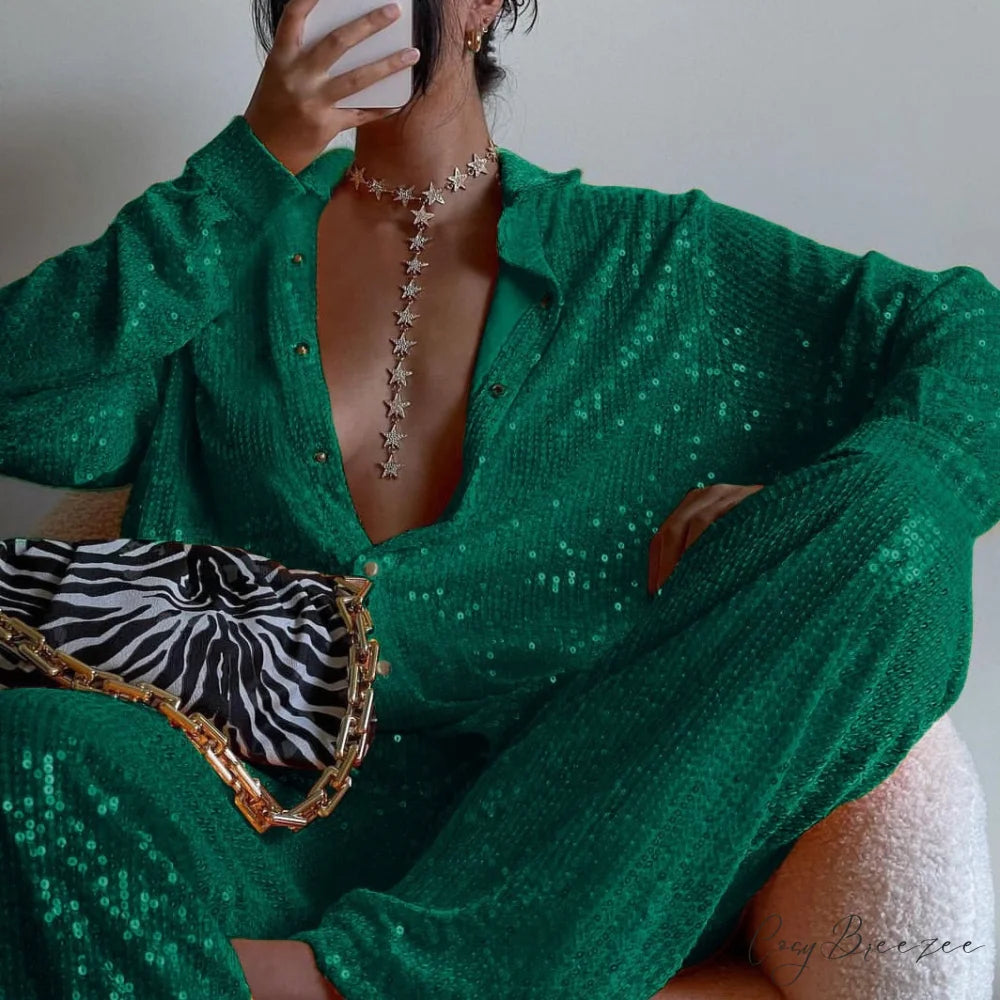 Top Sequin Blouse Sparkly and Pants Women Party Blouse Set Suit Two-Piece for - Outfit Green Suit / S