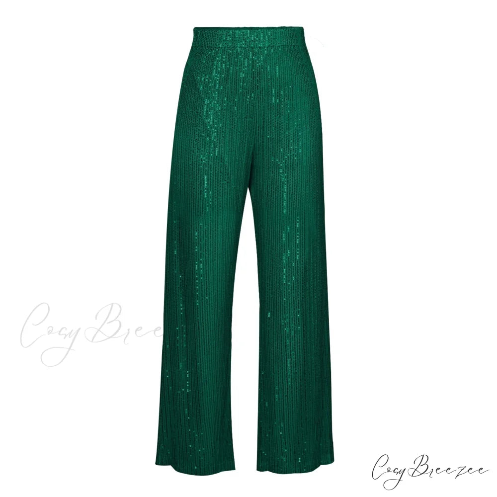 Top Sequin Blouse Sparkly and Pants Women Party Blouse Set Suit Two-Piece for - Outfit Green Trousers / S