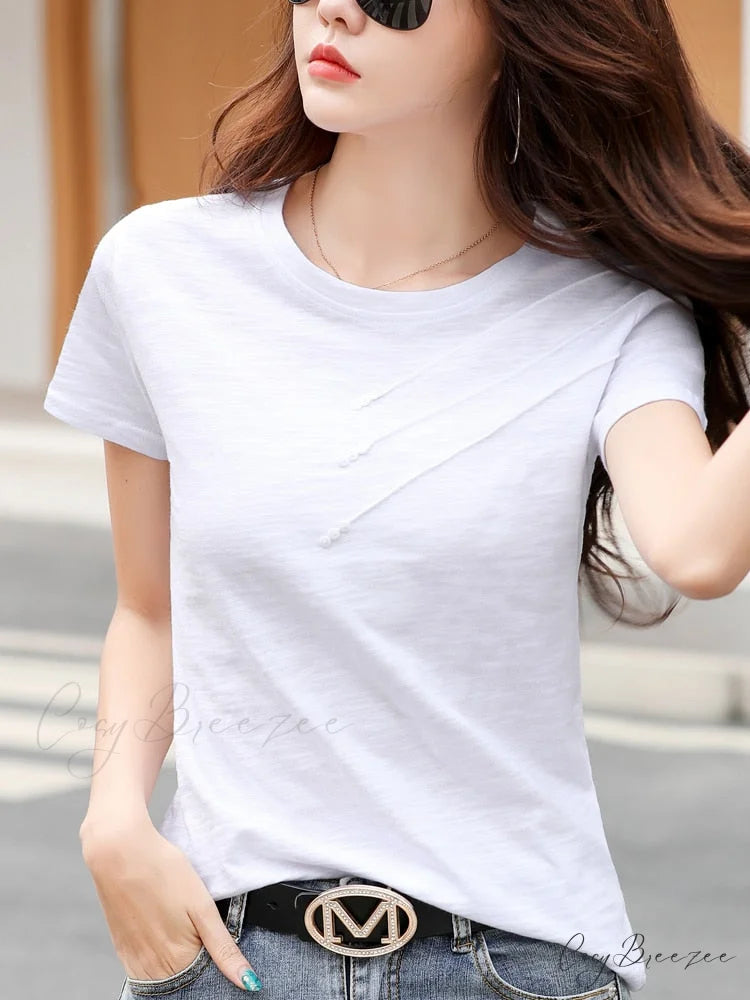 Tops Loose Tee-Shirts Blue Ribbed Warm-Season Cotton T-shirts Casual Button O-Neck Fashion Korea Women S-3XL White / S