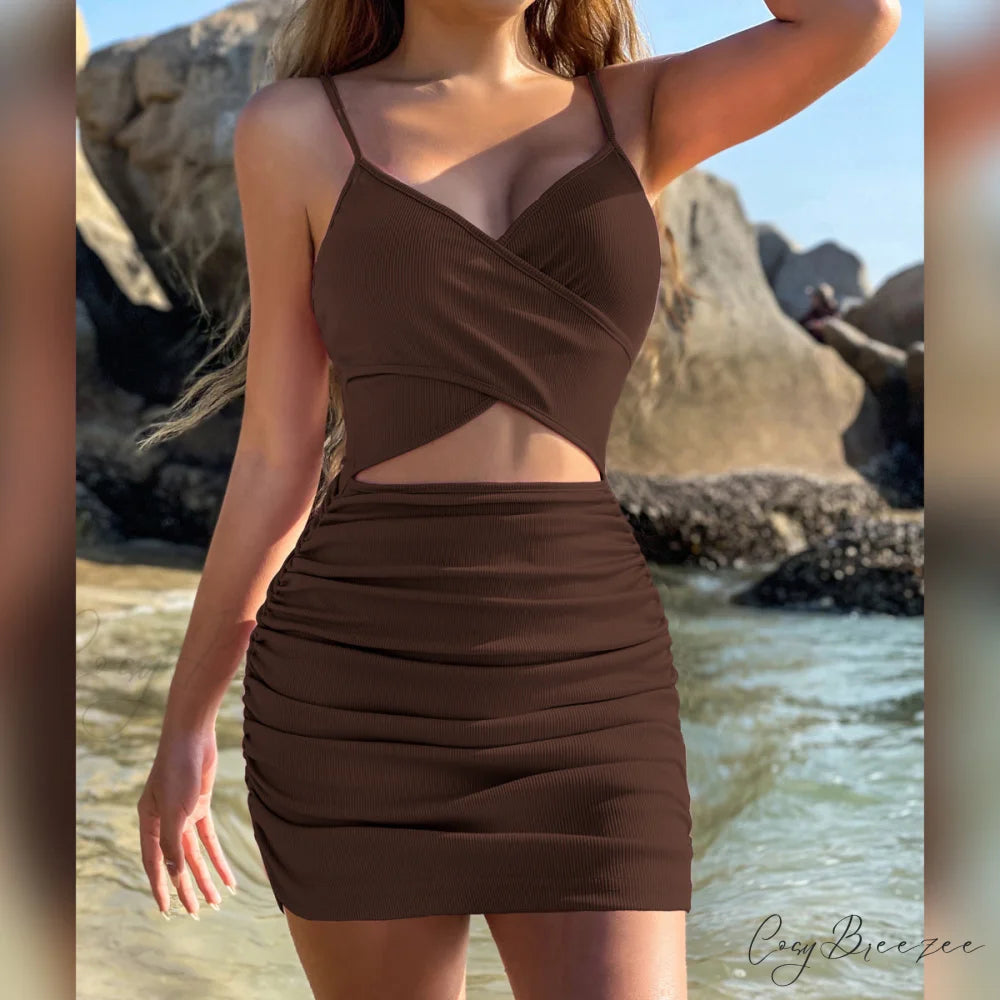 Total Dream Stylish Satin Mini Dress Brown / XS