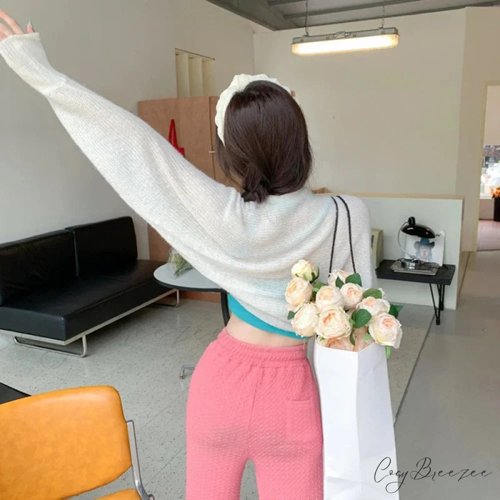 Transparent Sun Protection Open Front Cropped Knit Cardigan cardiagn-250126