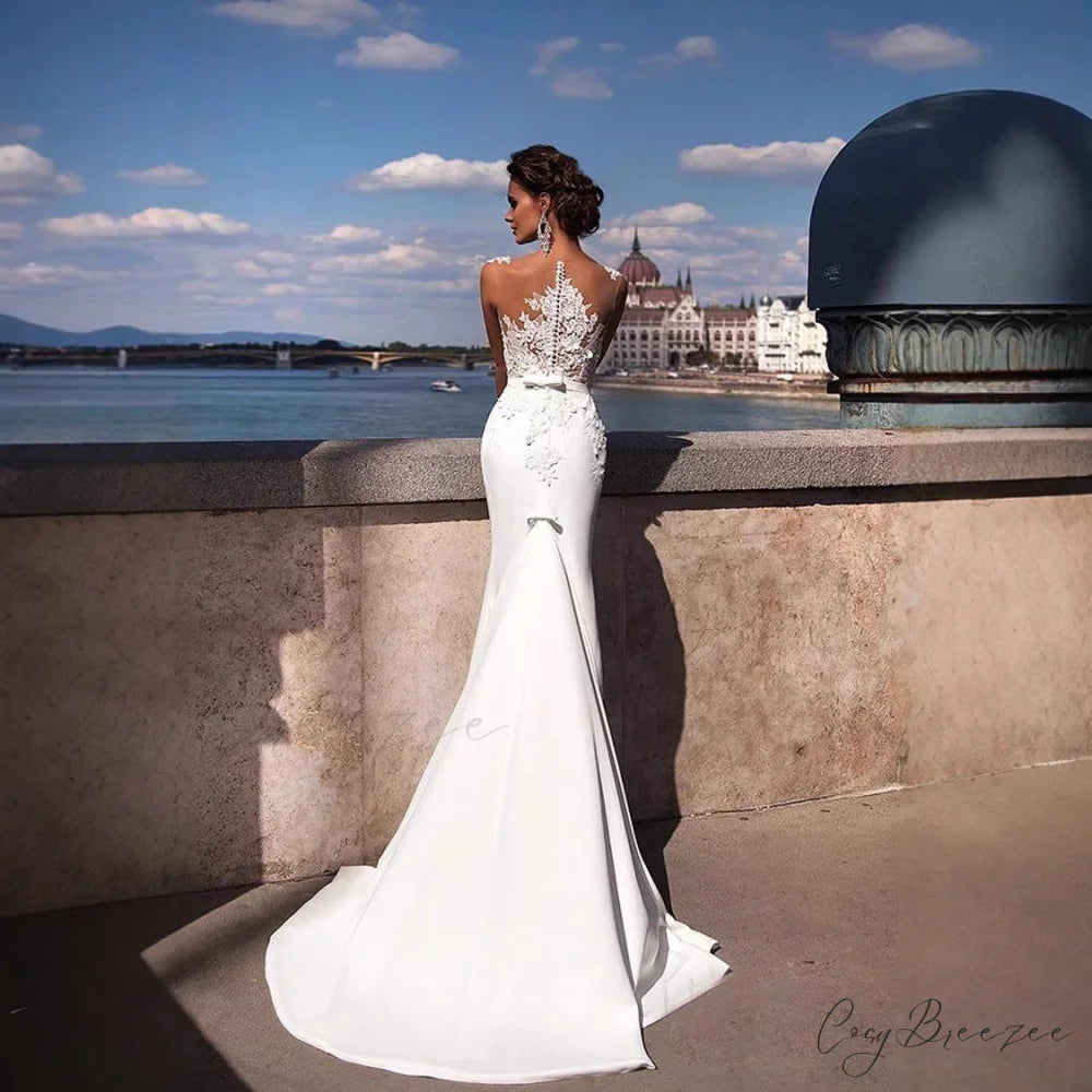 Transparent Tulle Lengthy Train Bridal Dress lvory white / 2 weddingdress-250223