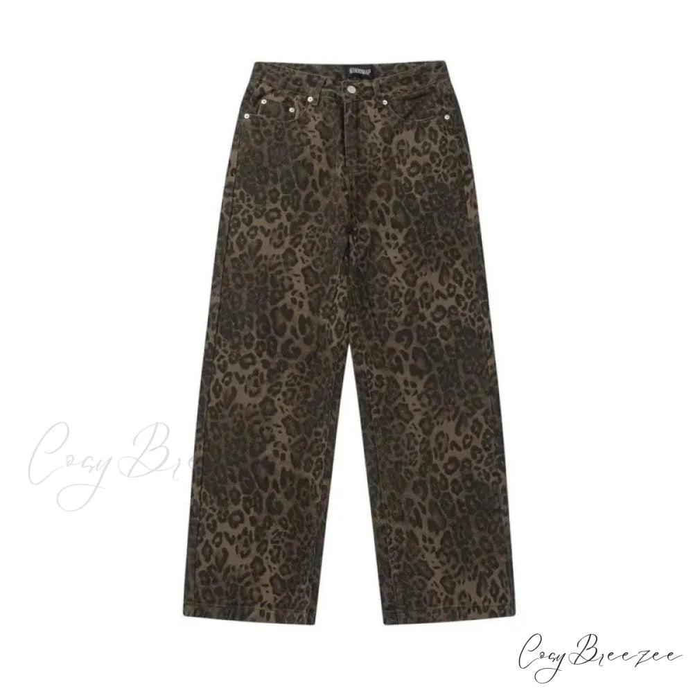 Trendy Autumnal American Retro Leopard Print Niche Design Casual Straight Wide-Leg Pants Jean
