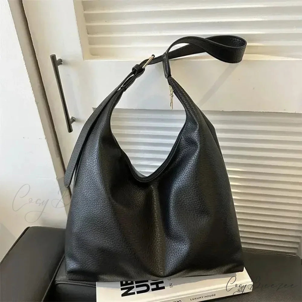 Trendy Leather Tote Bag Black / 33cmx26cmx13cm shoulder-250126