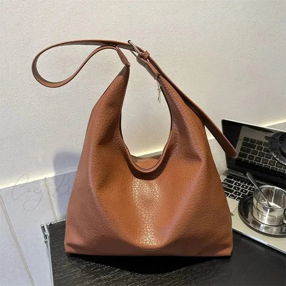 Trendy Leather Tote Bag Brown / 33cmx26cmx13cm shoulder-250126