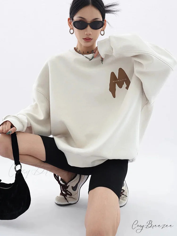 Trendy Printed Oversized Casual Autumn Hoodie Beige / M