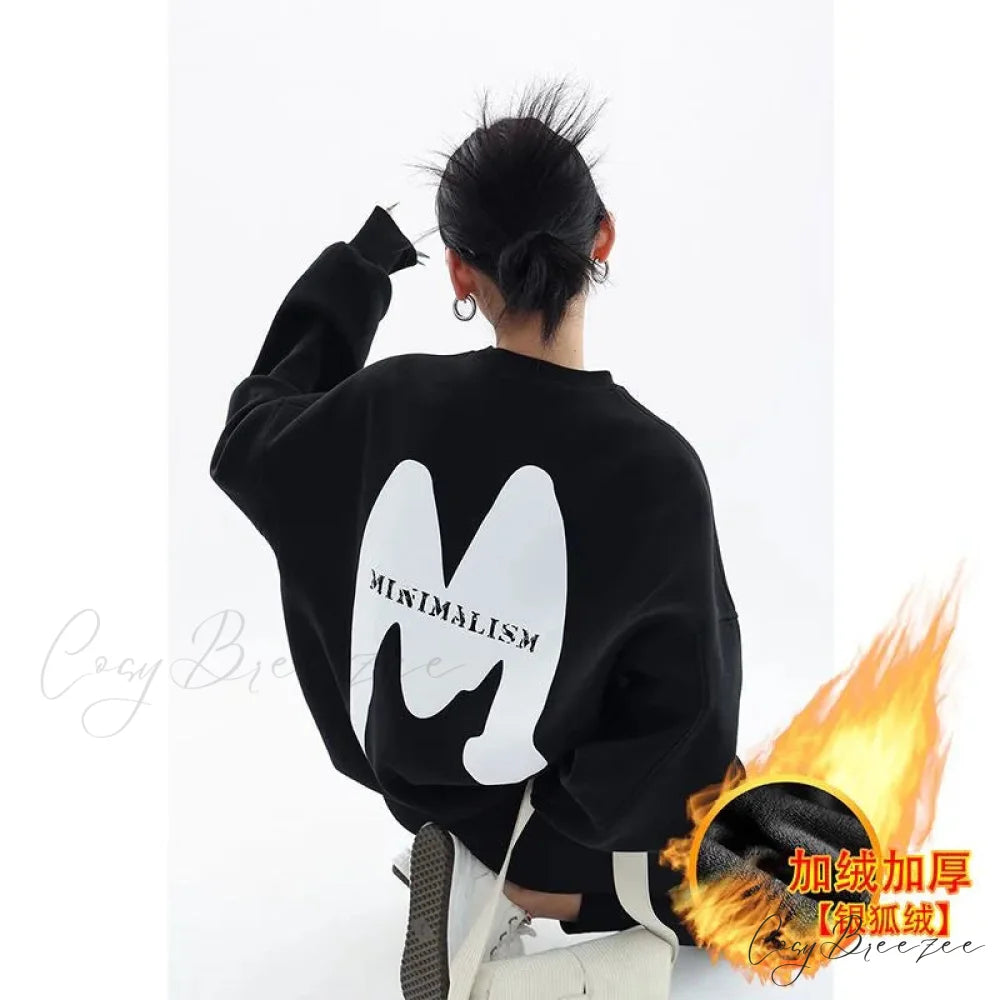 Trendy Printed Oversized Casual Autumn Hoodie BLACK / M