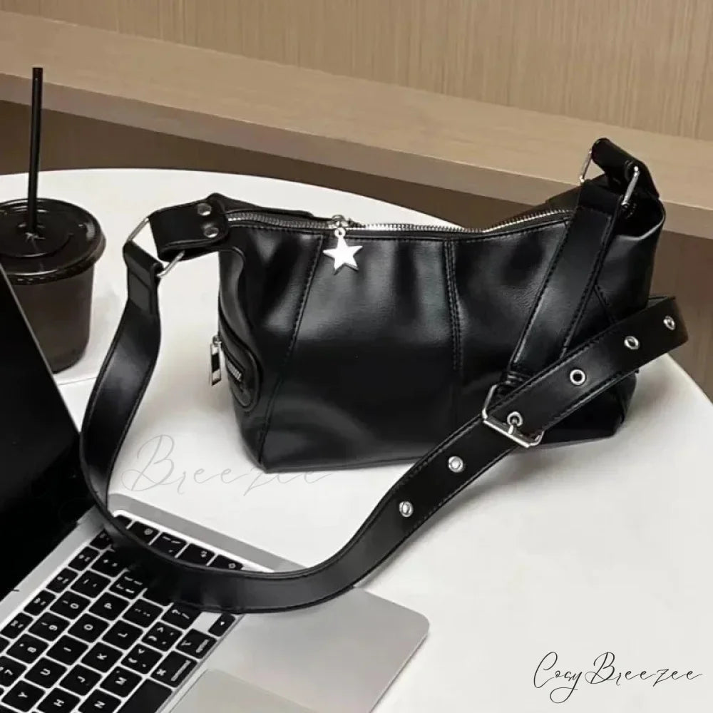 Trendy South Korean Retro Tote Bag Black / 19x12x13cm shoulder-250126