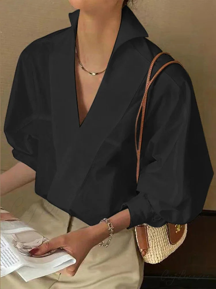 Trendy V-neck Puffy Sleeve White Blouse Black / S blouse-250126