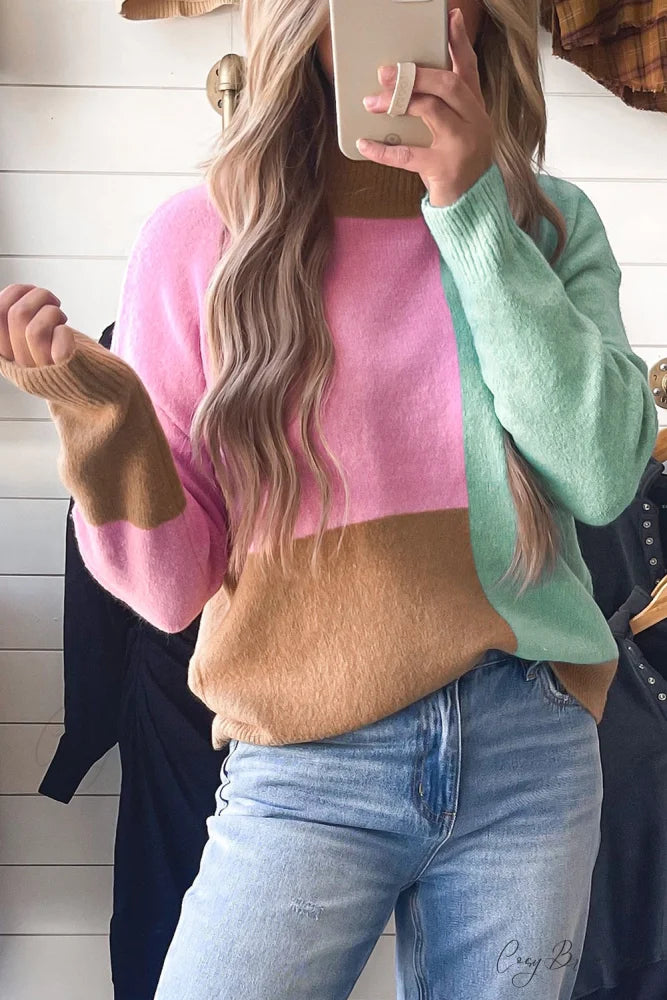 Trim Ribbed Mock Neck Colorblock Sweater Multicolour / S / 30% Polyester + 25% Viscose + 25% Acrylic + 20% Polyamide