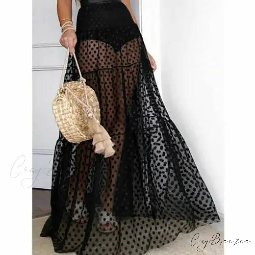 Tulle Polka Dot Sheer Maxi Skirt Wedding Party Skirt Black / S skirt-250126