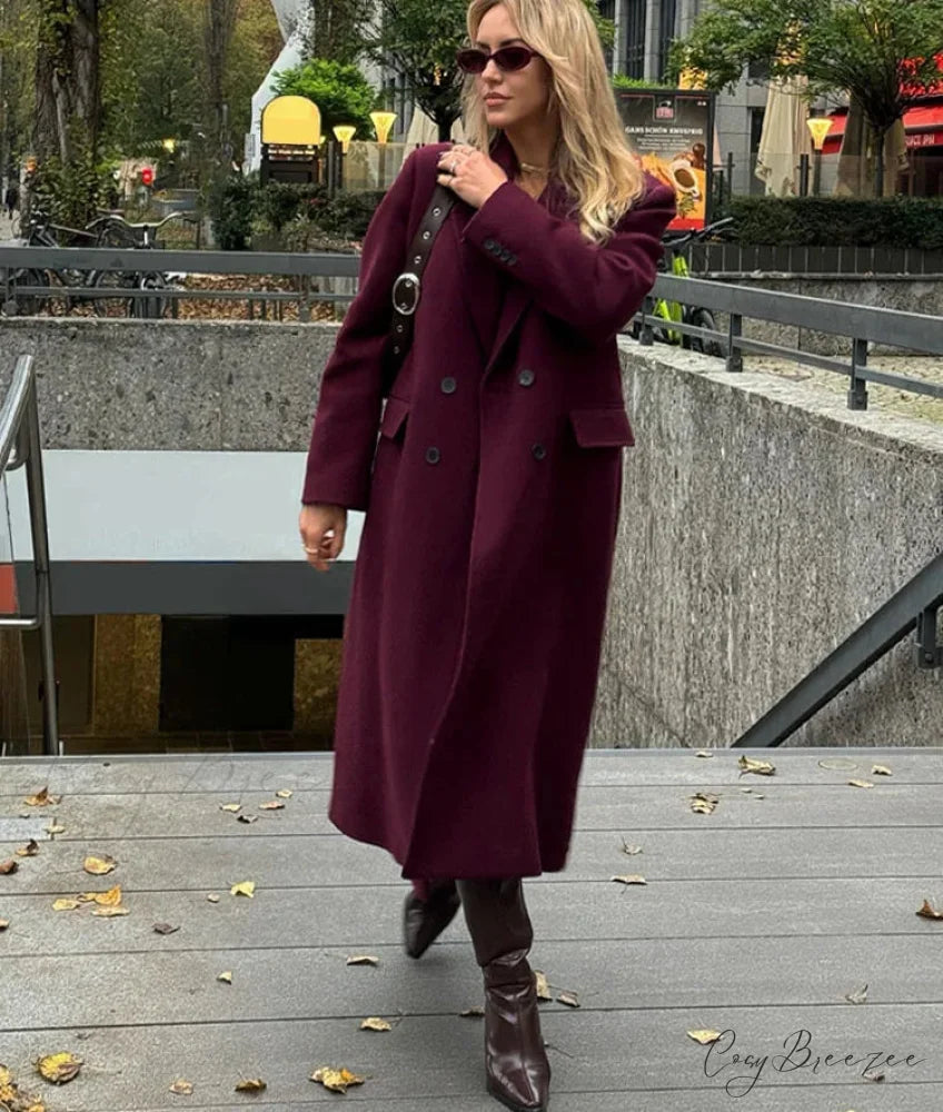 Turn-Down Collar Woolen Long Coat wine red / XS