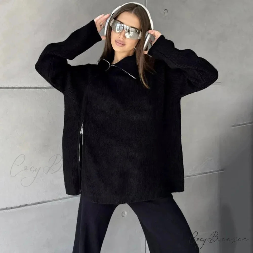 Turtle Collar Zip Sweater Black / One Size swraters-241228