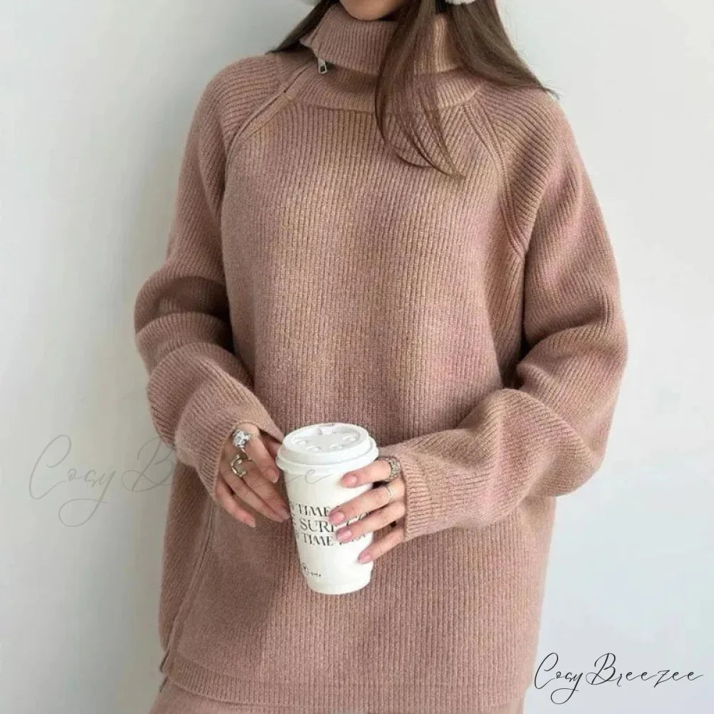Turtle Collar Zip Sweater Khaki / One Size swraters-241228