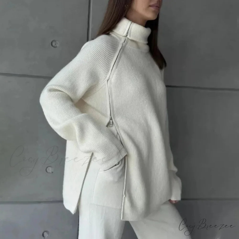 Turtle Collar Zip Sweater WHITE / One Size swraters-241228