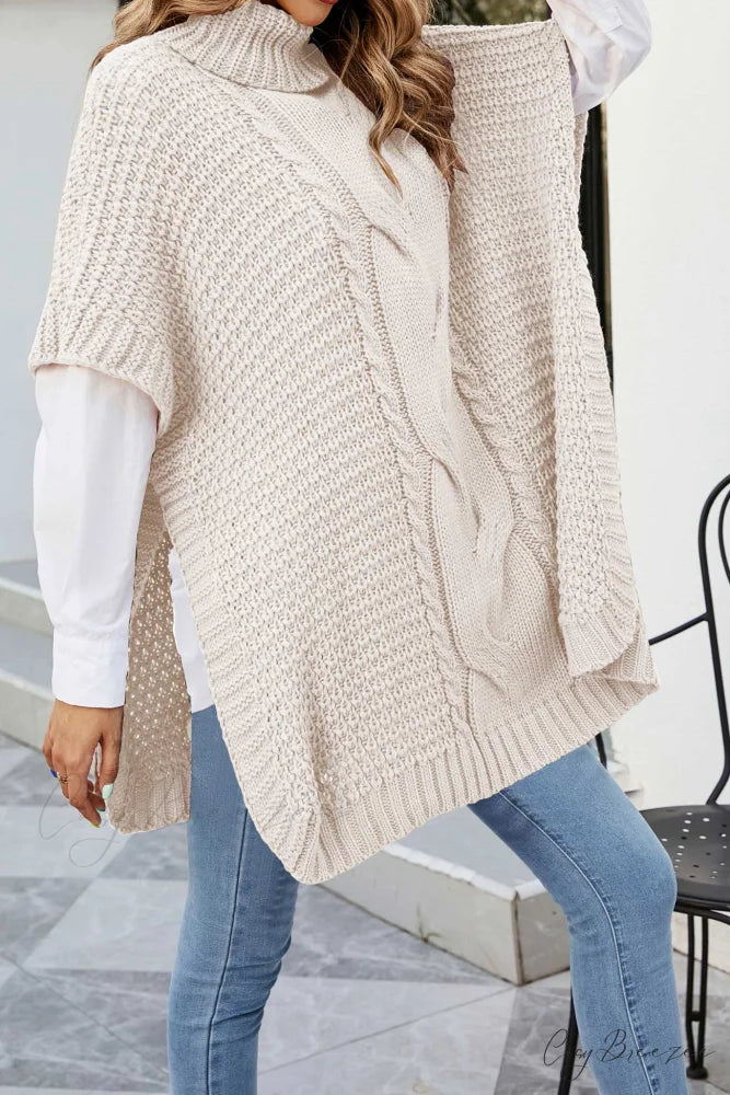 Turtleneck Cable Knit Shawl Sweater Beige / L