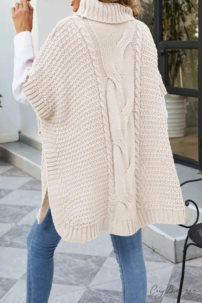Turtleneck Cable Knit Shawl Sweater Beige / XL
