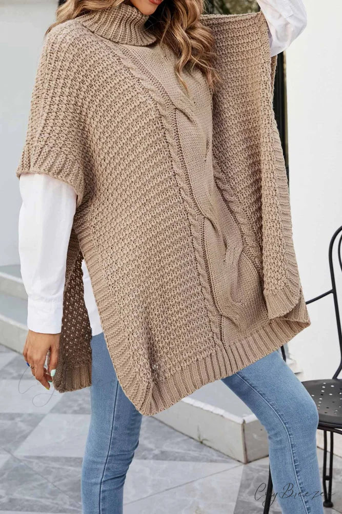 Turtleneck Cable Knit Shawl Sweater Khaki / L