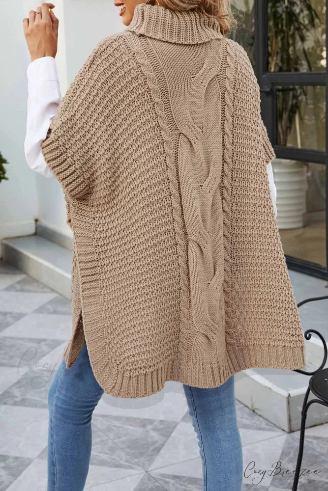 Turtleneck Cable Knit Shawl Sweater Khaki / XL