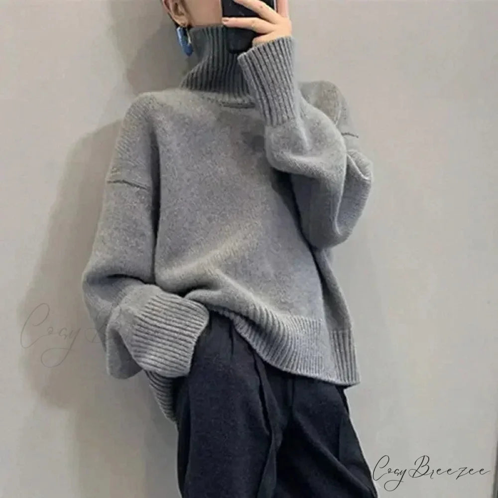Turtleneck Elegant Gray Red Sweater gery / onesize swraters-241228