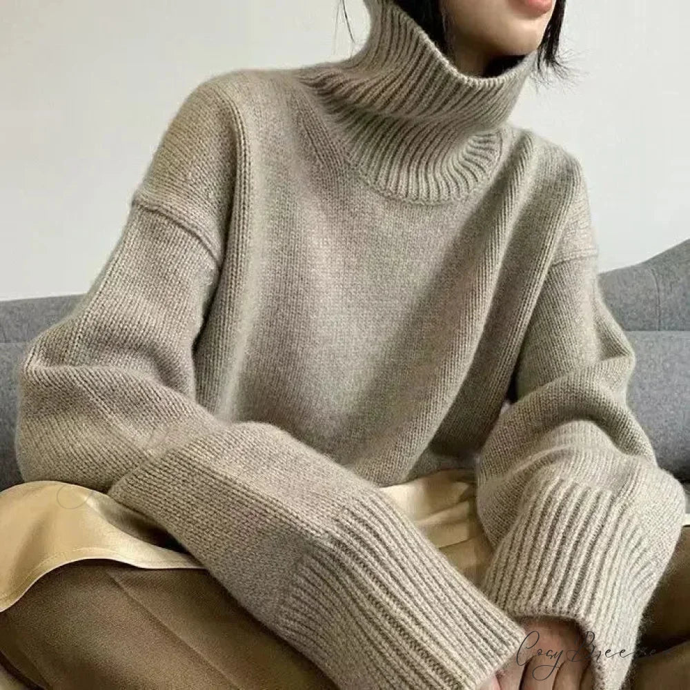 Turtleneck Elegant Gray Red Sweater khaki / onesize swraters-241228