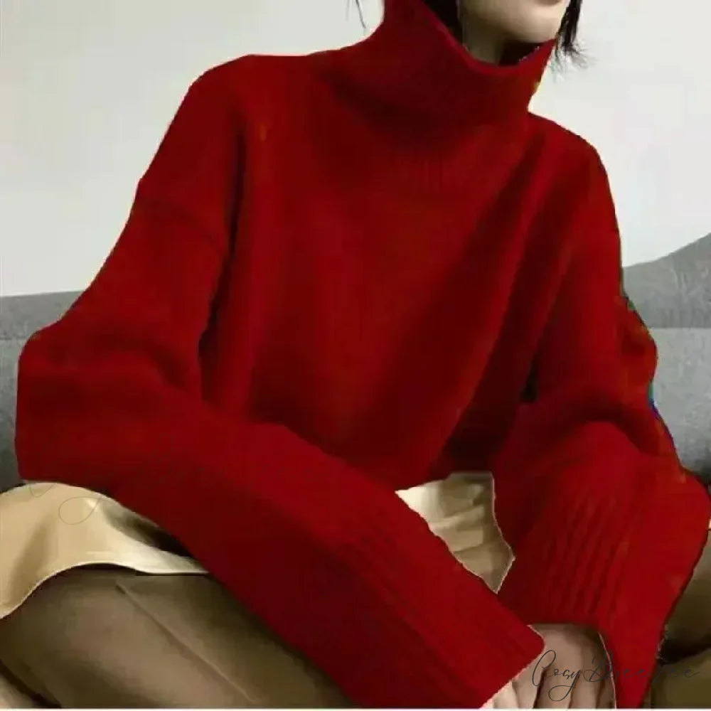 Turtleneck Elegant Gray Red Sweater Red / onesize swraters-241228