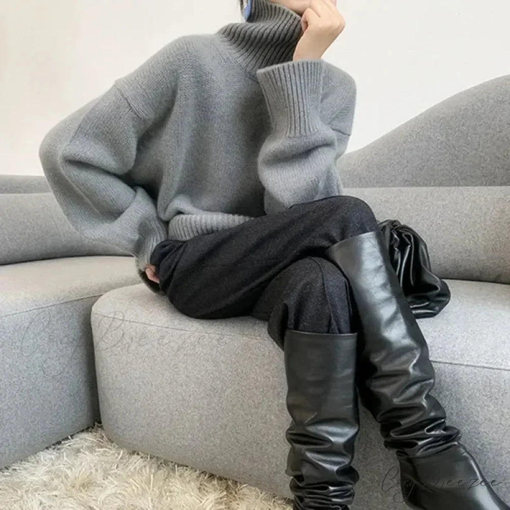 Turtleneck Elegant Gray Red Sweater swraters-241228