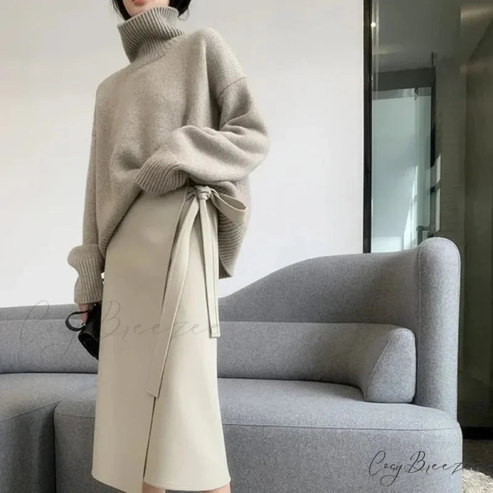 Turtleneck Elegant Gray Red Sweater swraters-241228