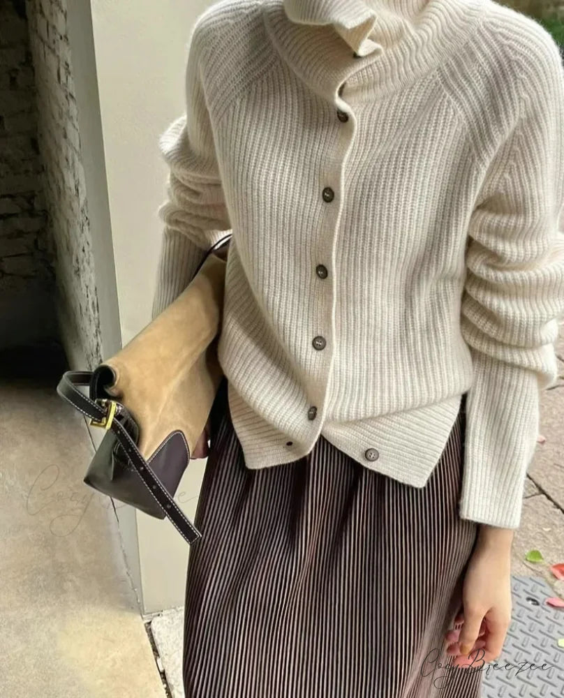 Turtleneck Loose Single Breasted Cardigan WHITE / One Size cardigans-241228