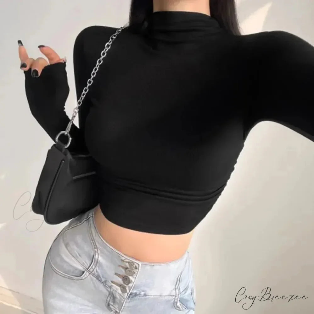 Turtleneck Ribbed Knit Slim Crop Sweater Black / M swraters-241228