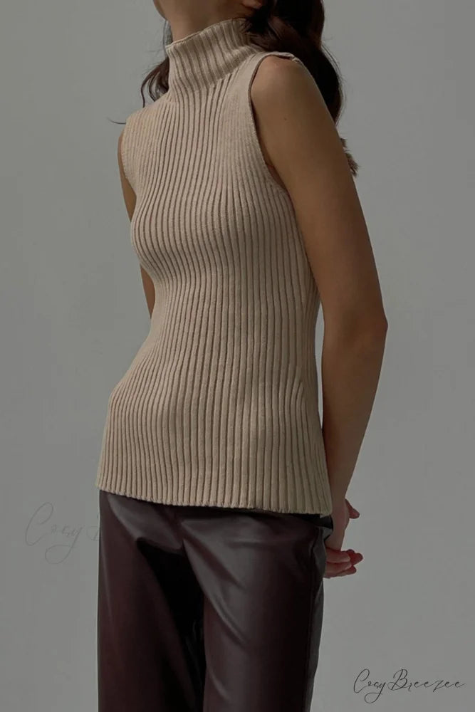 Turtleneck Ribbed Sleeveless Knit Sweater Camel / L