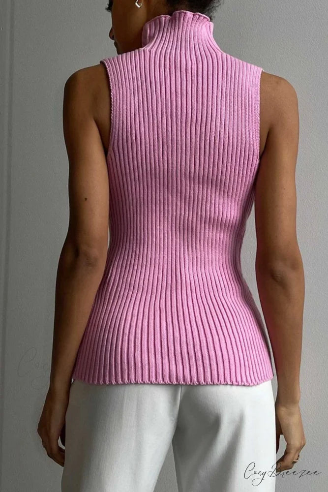 Turtleneck Ribbed Sleeveless Knit Sweater Pink / XL