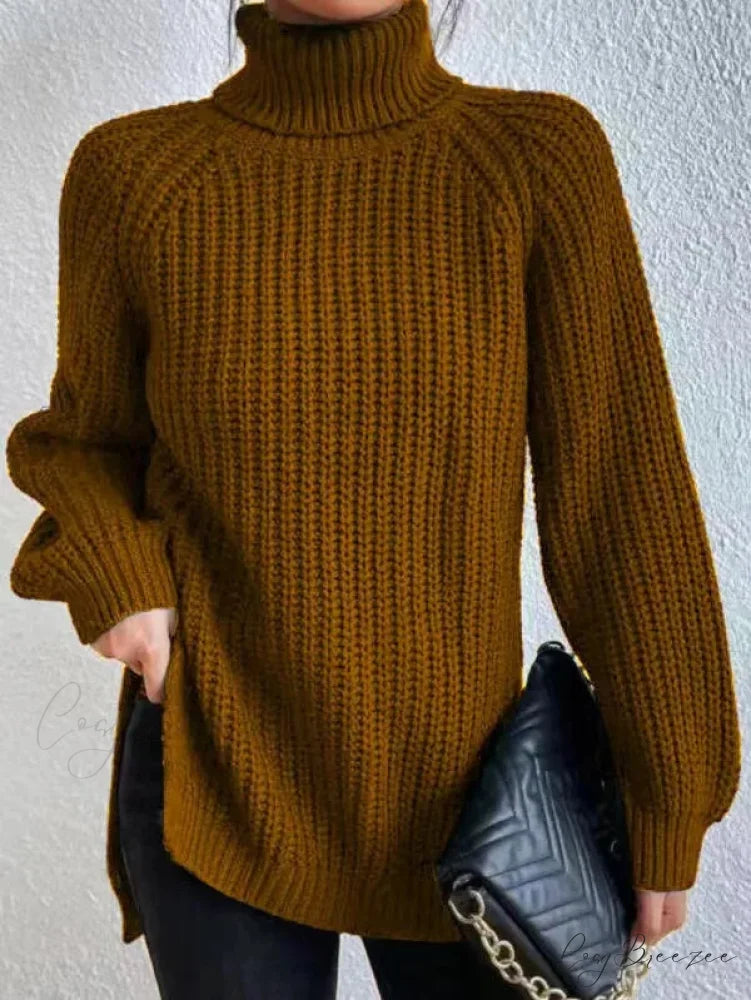Turtleneck Split Crochet Heavy Sweater Brown / S swraters-241228