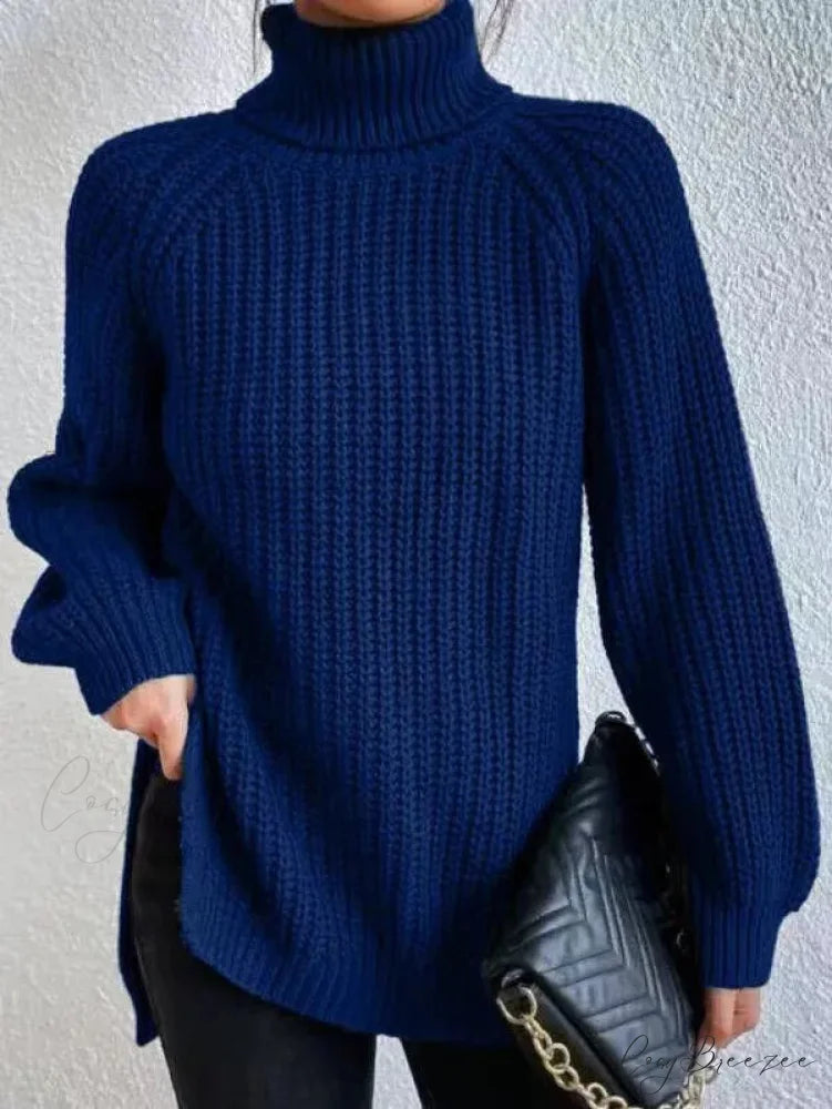 Turtleneck Split Crochet Heavy Sweater Dark Blue / S swraters-241228