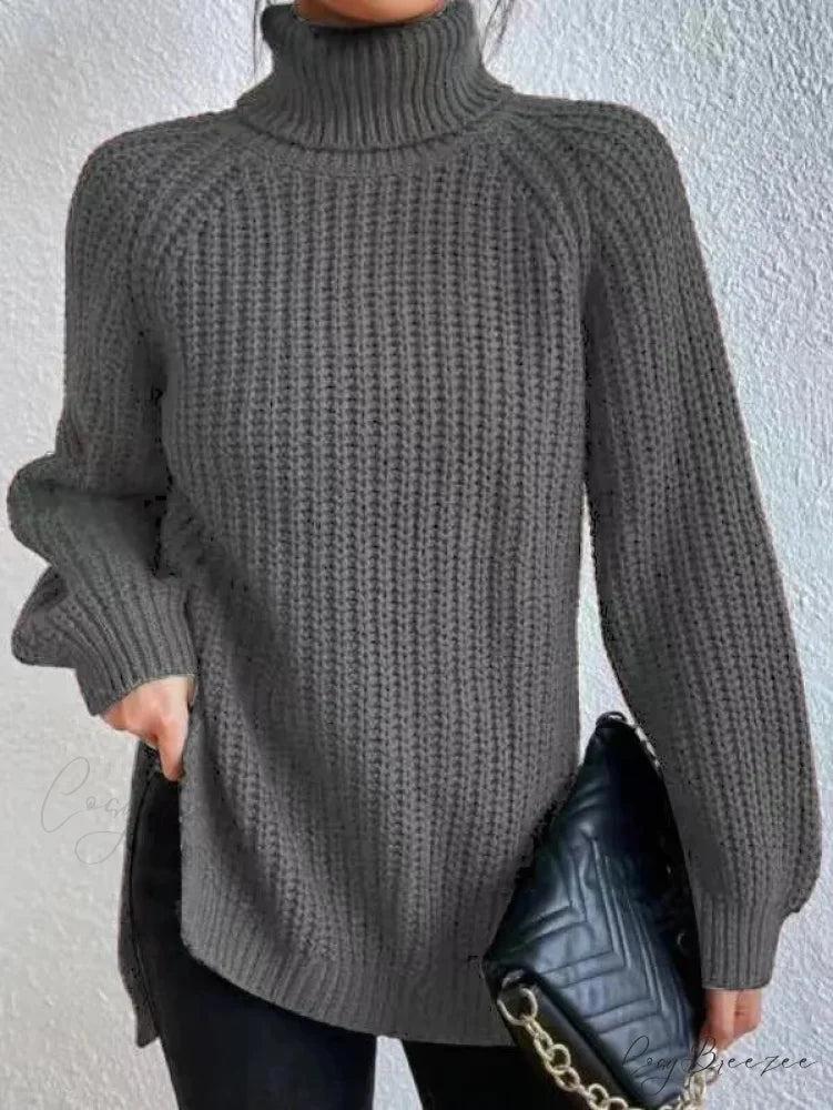 Turtleneck Split Crochet Heavy Sweater dark gery / S swraters-241228