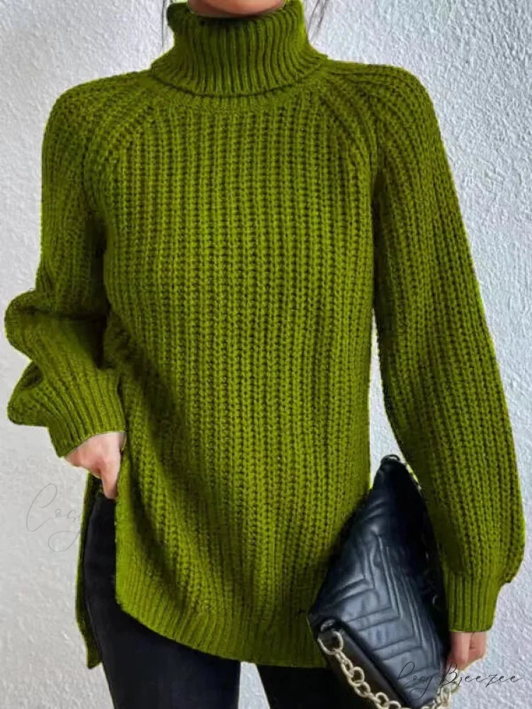Turtleneck Split Crochet Heavy Sweater dark green / S swraters-241228