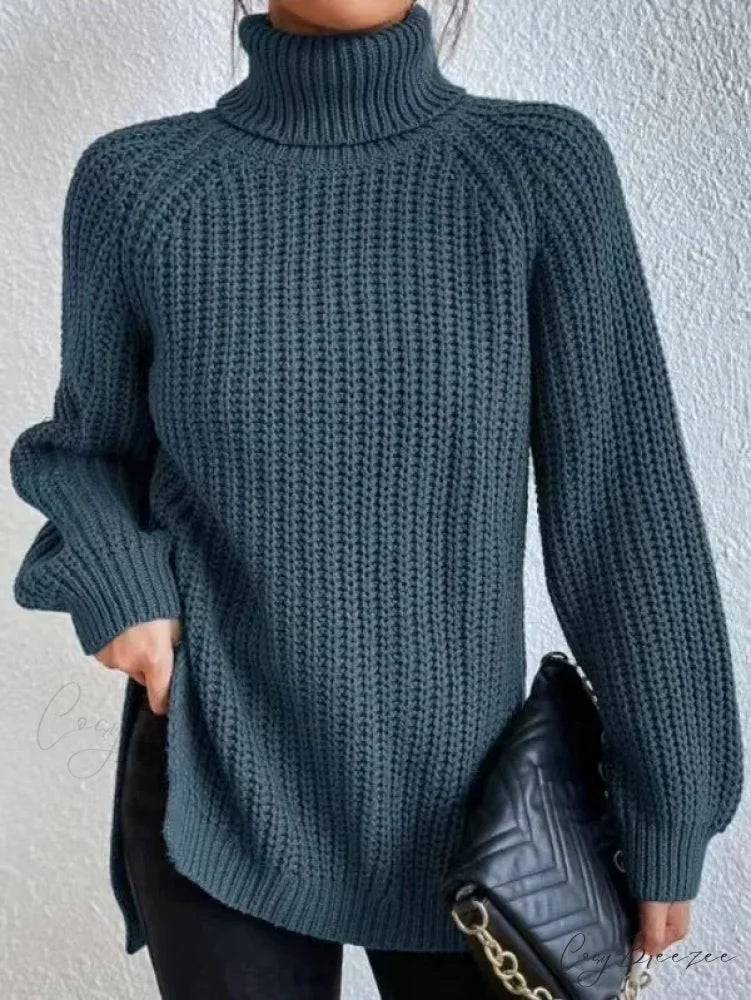 Turtleneck Split Crochet Heavy Sweater Gray-blue / S swraters-241228