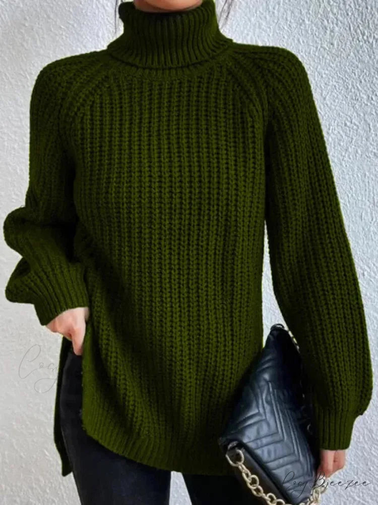 Turtleneck Split Crochet Heavy Sweater Green / S swraters-241228
