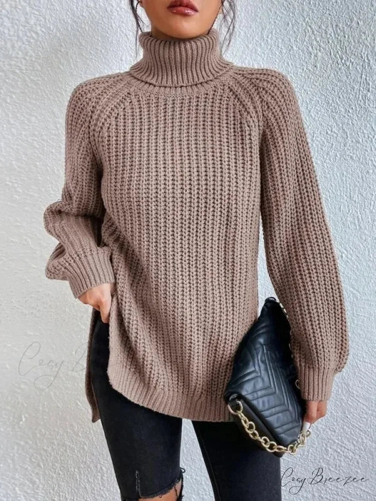 Turtleneck Split Crochet Heavy Sweater khaki / S swraters-241228
